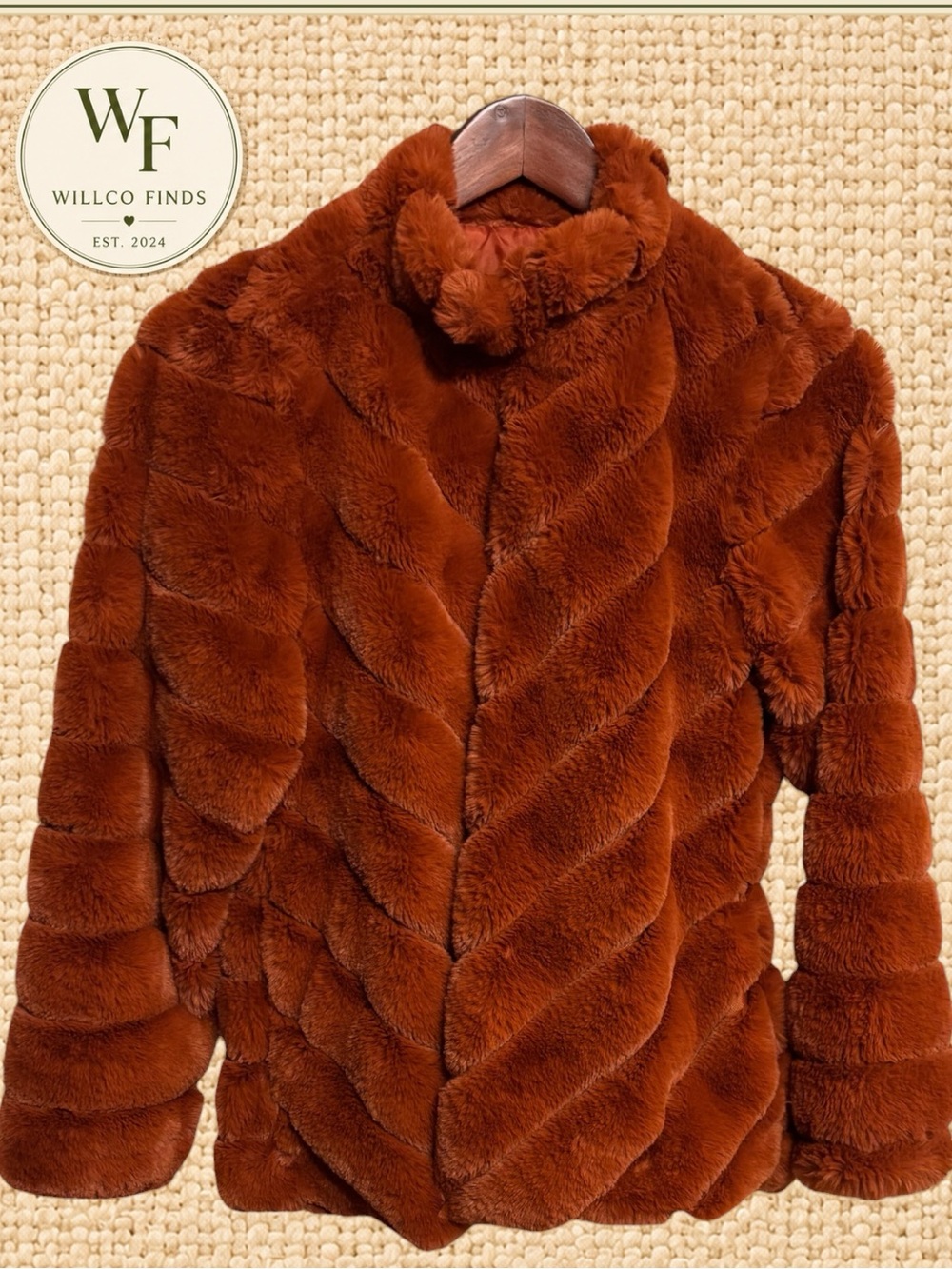 Slinky Brand Women’s Faux Fur Jacket XS Rust Burnt Orange Plush Chevron Coat